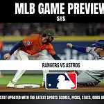 MLB Game Preview with a matchup between Rangers and Astros, featuring players on the field.