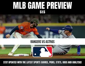 MLB Game Preview with a matchup between Rangers and Astros, featuring players on the field.