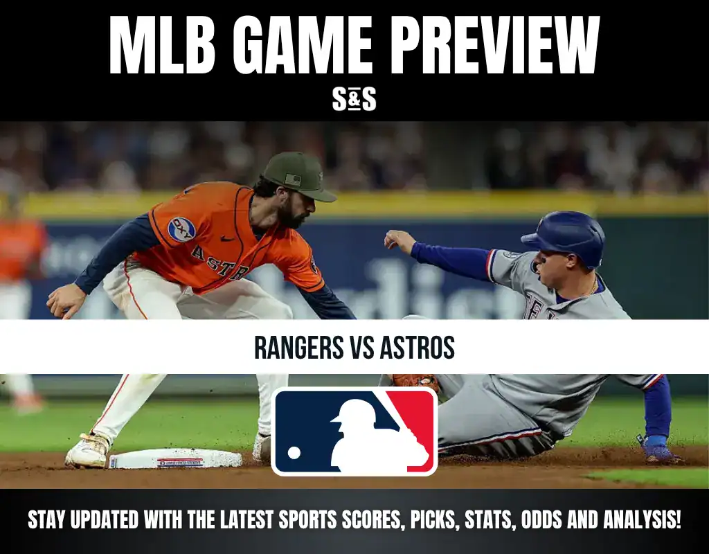 MLB Game Preview with a matchup between Rangers and Astros, featuring players on the field.