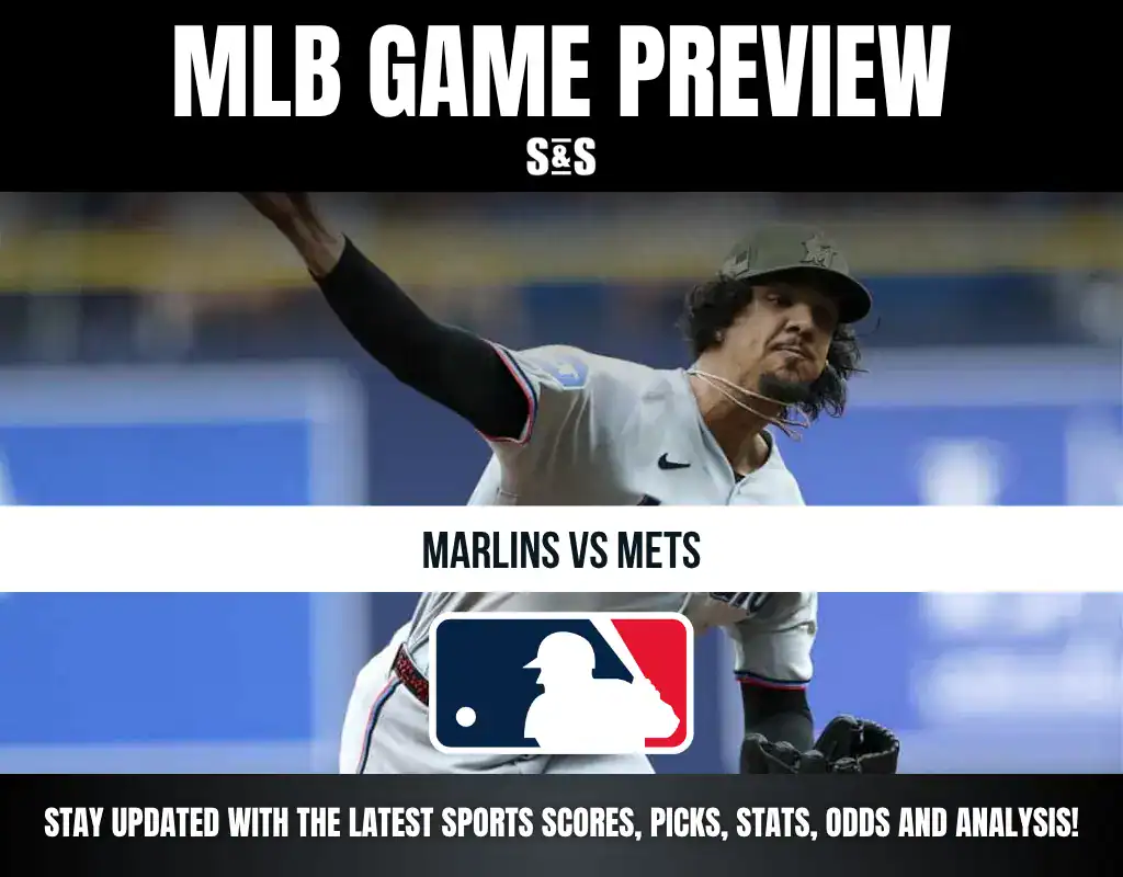 MLB game preview with a pitcher in action, featuring Marlins vs Mets. Text at the bottom encourages updates on scores, picks, stats, odds, and analysis.