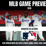Texas Rangers players celebrate during an MLB game preview graphic for Rangers vs Astros, with the MLB logo and text about sports updates at the bottom.