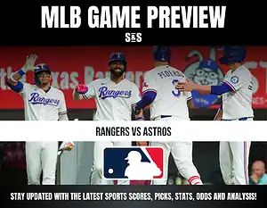 Texas Rangers players celebrate during an MLB game preview graphic for Rangers vs Astros, with the MLB logo and text about sports updates at the bottom.