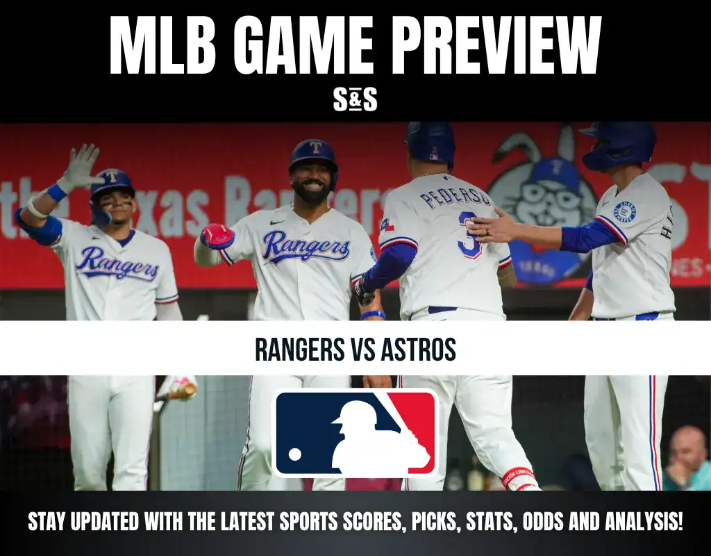 Texas Rangers players celebrate during an MLB game preview graphic for Rangers vs Astros, with the MLB logo and text about sports updates at the bottom.
