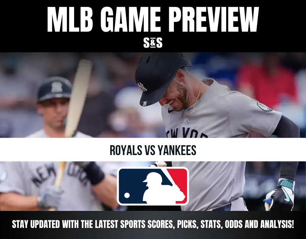 MLB Game Preview graphic featuring the Royals vs. Yankees matchup, with a logo for Major League Baseball at the center and text encouraging updates on sports scores, picks, stats, odds, and analysis.