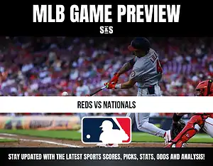 MLB Game Preview featuring a player from the Reds swinging at a pitch, with the text "REDS VS NATIONALS" and a logo of Major League Baseball.