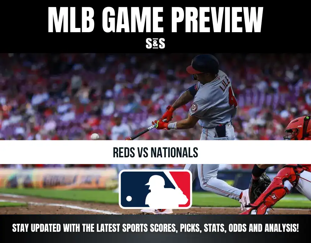 MLB Game Preview featuring a player from the Reds swinging at a pitch, with the text "REDS VS NATIONALS" and a logo of Major League Baseball.