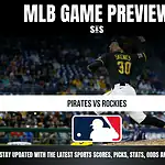 MLB Game Preview featuring a player from the Pittsburgh Pirates in action, with the matchup text "Pirates vs Rockies" and a call to stay updated with sports scores, picks, stats, odds, and analysis.