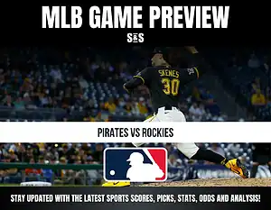 MLB Game Preview featuring a player from the Pittsburgh Pirates in action, with the matchup text "Pirates vs Rockies" and a call to stay updated with sports scores, picks, stats, odds, and analysis.