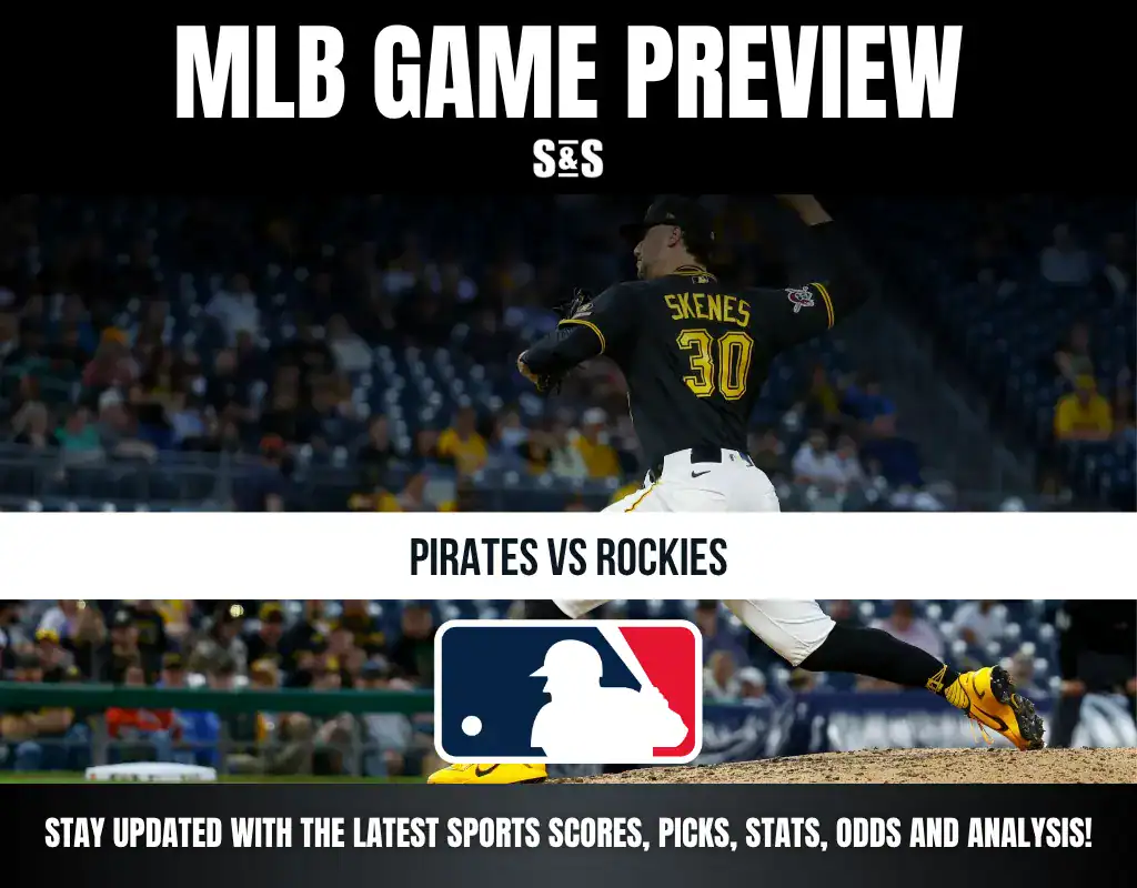 MLB Game Preview featuring a player from the Pittsburgh Pirates in action, with the matchup text "Pirates vs Rockies" and a call to stay updated with sports scores, picks, stats, odds, and analysis.