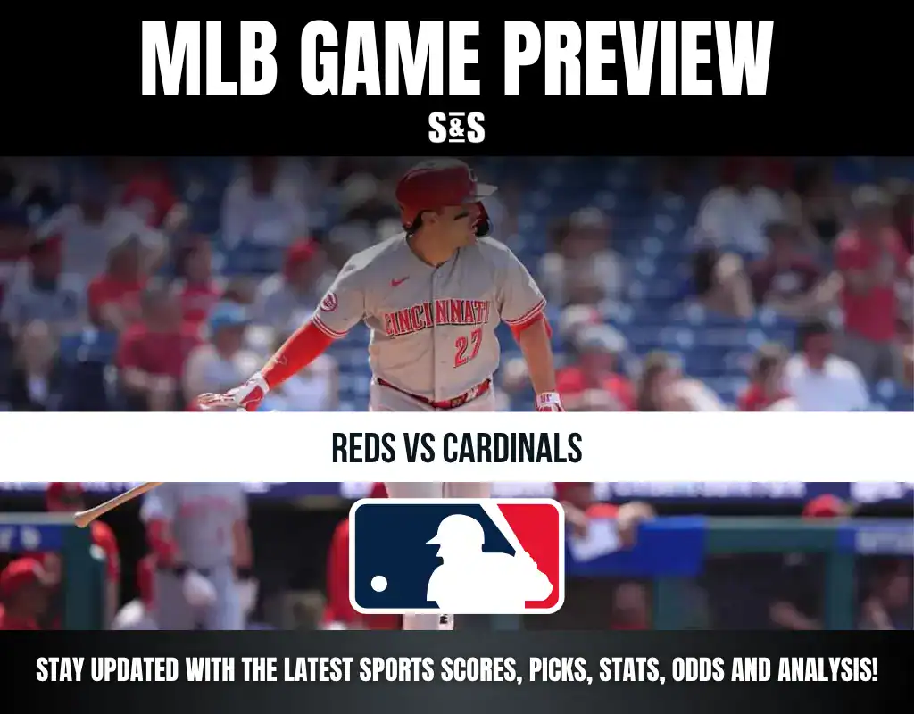 MLB Game Preview with a focus on the Reds vs Cardinals matchup. The image features a player from the Cincinnati Reds in action, with a call-to-action to stay updated with sports scores, picks, stats, odds, and analysis.