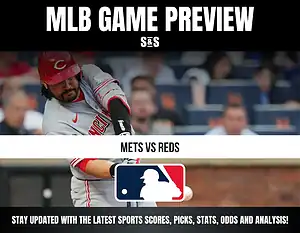 MLB Game Preview featuring a player from the Cincinnati Reds and the matchup between Mets vs Reds, with a call to stay updated on sports scores, picks, stats, odds, and analysis.