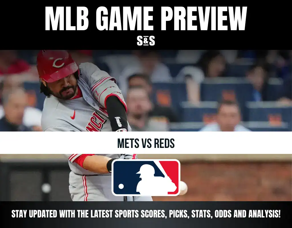 MLB Game Preview featuring a player from the Cincinnati Reds and the matchup between Mets vs Reds, with a call to stay updated on sports scores, picks, stats, odds, and analysis.