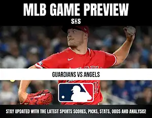 MLB Game Preview featuring the Guardians vs Angels, with a player in a red uniform on the mound.