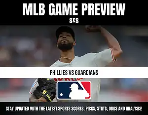 MLB Game Preview featuring Phillies vs Guardians, with a background image of a pitcher throwing.