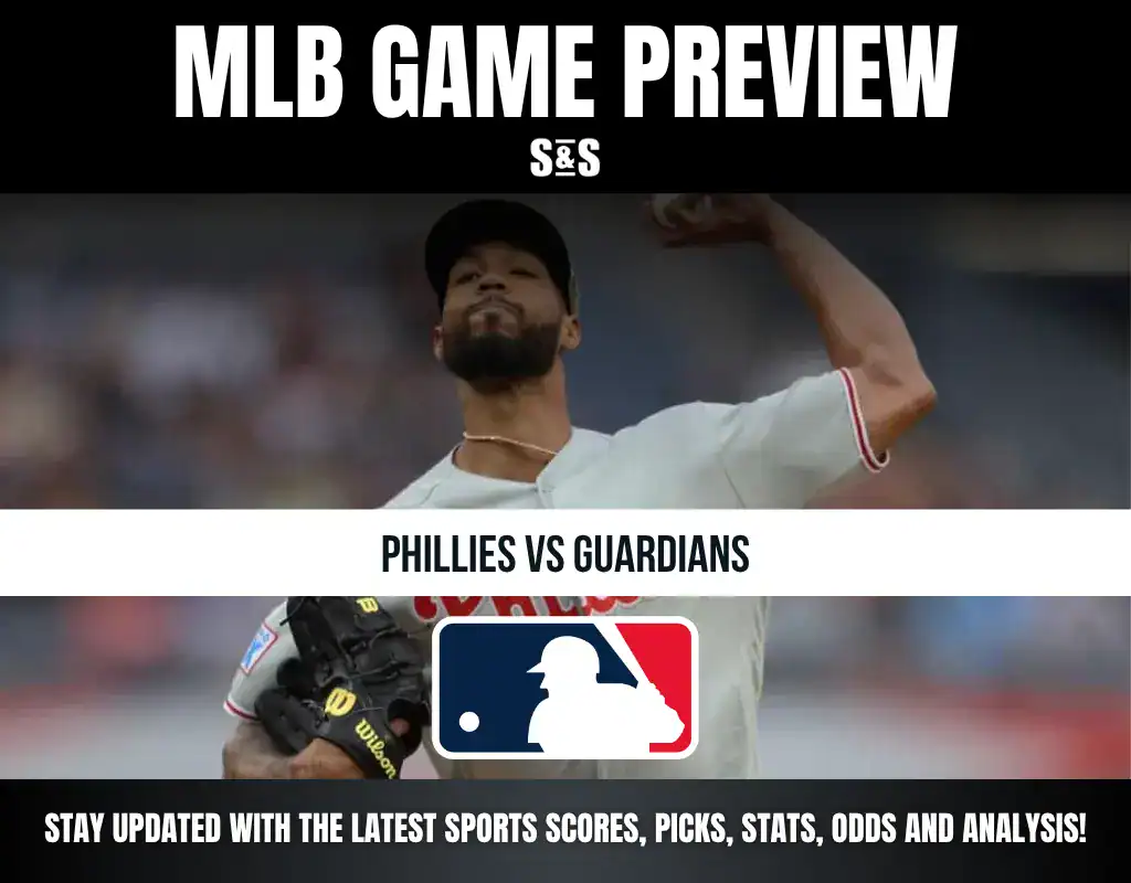 MLB Game Preview featuring Phillies vs Guardians, with a background image of a pitcher throwing.