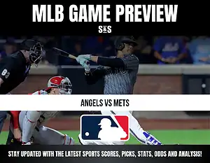 MLB Game Preview for a matchup between the Angels and Mets, featuring images of players in action.