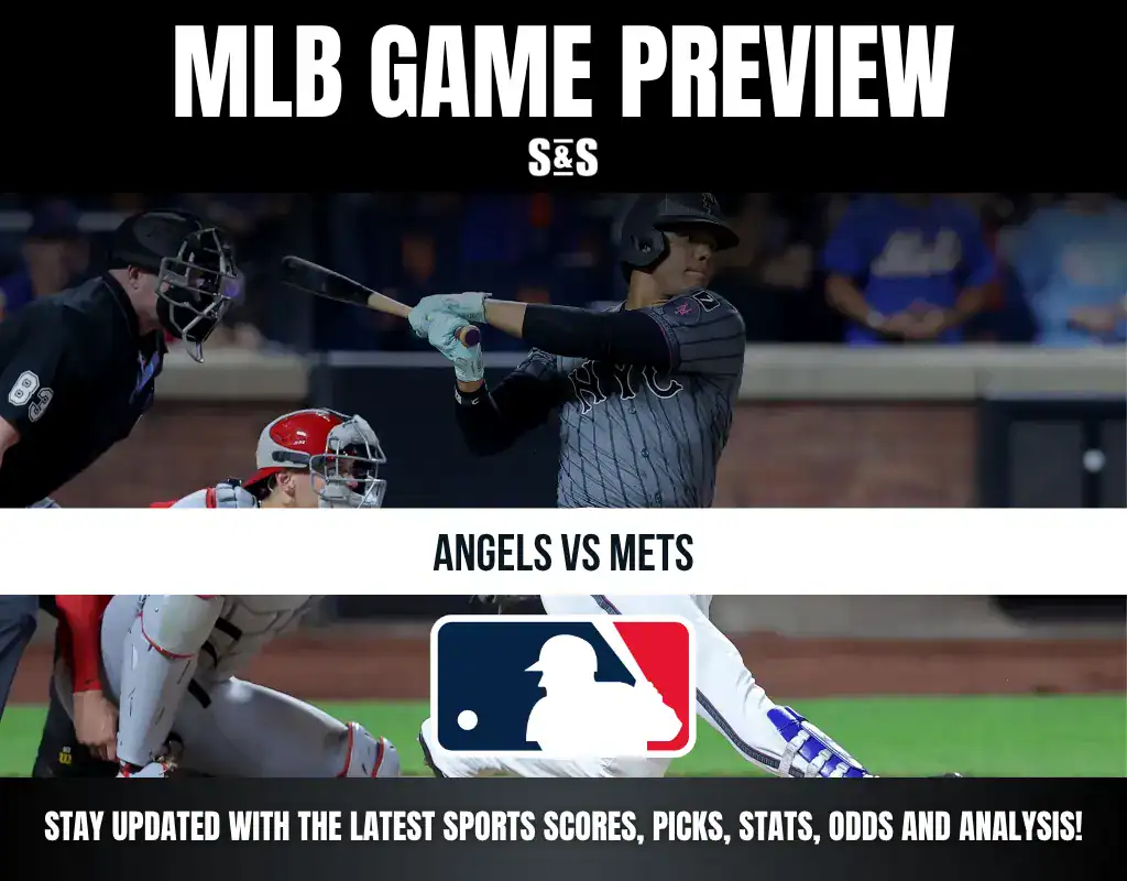 MLB Game Preview for a matchup between the Angels and Mets, featuring images of players in action.