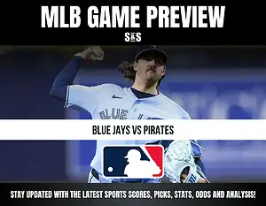 MLB Game Preview featuring a player from the Blue Jays pitching against the Pirates, with a headline and MLB logo.