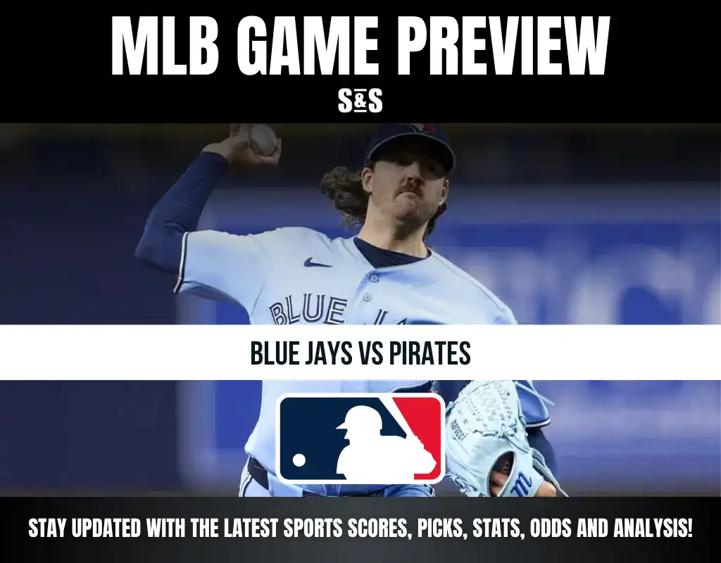 MLB Game Preview featuring a player from the Blue Jays pitching against the Pirates, with a headline and MLB logo.
