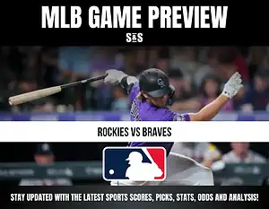 MLB Game Preview featuring Rockies vs Braves, with a player swinging a bat in the background.