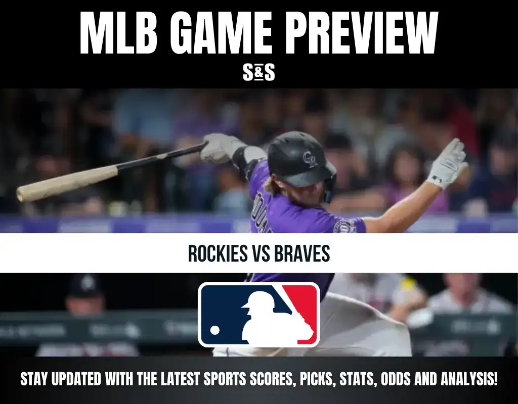 MLB Game Preview featuring Rockies vs Braves, with a player swinging a bat in the background.
