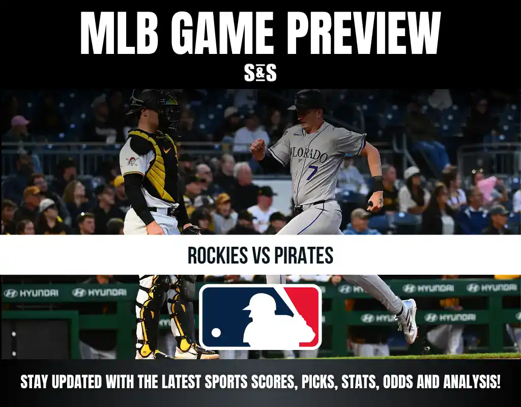MLB game preview featuring Rockies vs Pirates with a player running and a catcher standing behind home plate at a stadium.