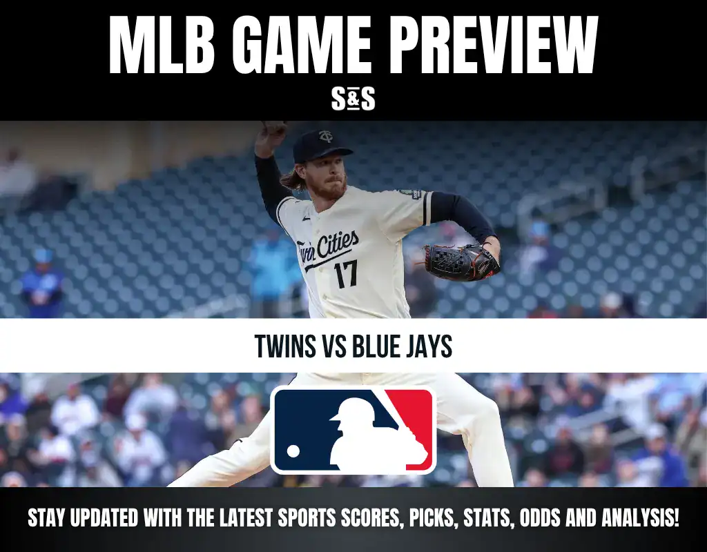 MLB Game Preview featuring a pitcher in action, with the focus on the matchup between Twins and Blue Jays.