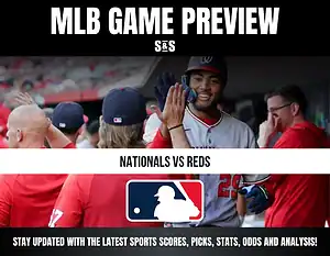MLB game preview for Nationals vs Reds with players celebrating in the dugout and MLB logo below the text.