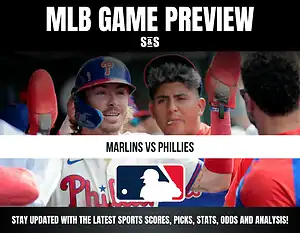 MLB Game Preview featuring Marlins vs. Phillies, with promotional text to stay updated on sports scores, picks, stats, odds, and analysis.