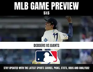 MLB Game Preview featuring a pitcher with number 11, highlighting a matchup between the Dodgers and Giants, with a note to stay updated on sports scores, picks, stats, odds, and analysis.