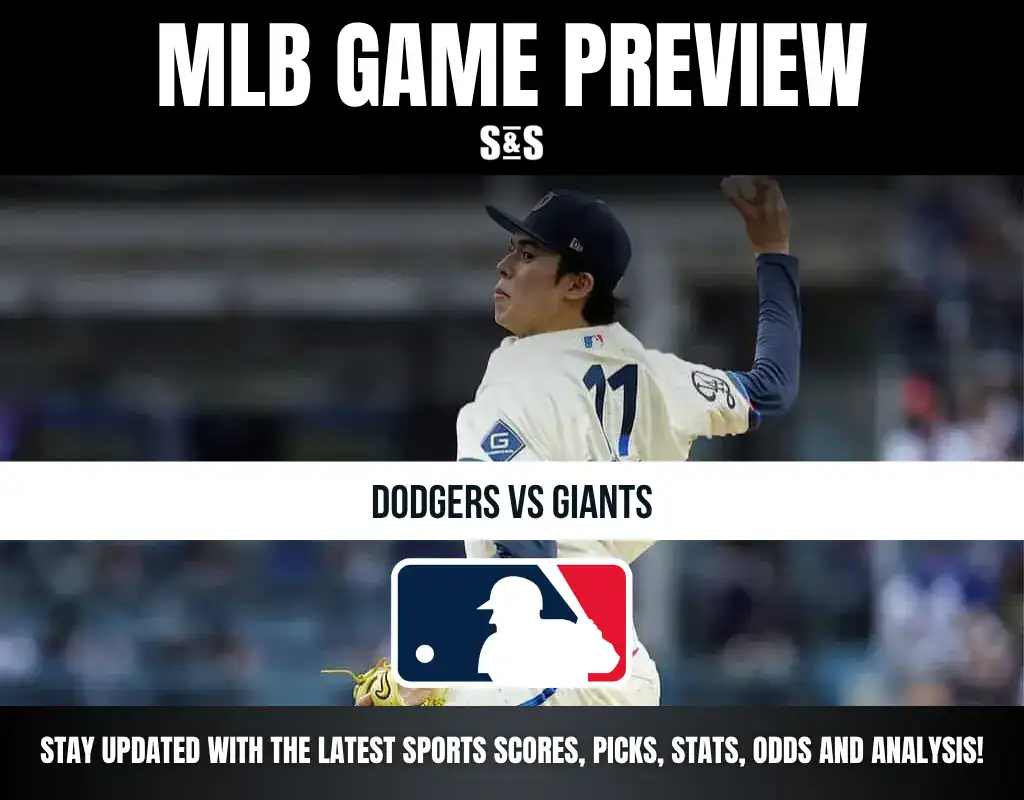 MLB Game Preview featuring a pitcher with number 11, highlighting a matchup between the Dodgers and Giants, with a note to stay updated on sports scores, picks, stats, odds, and analysis.
