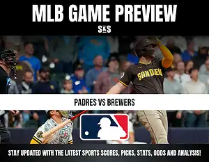 MLB game preview for Padres vs Brewers featuring players in action and MLB logo, with text promoting sports updates and analysis.