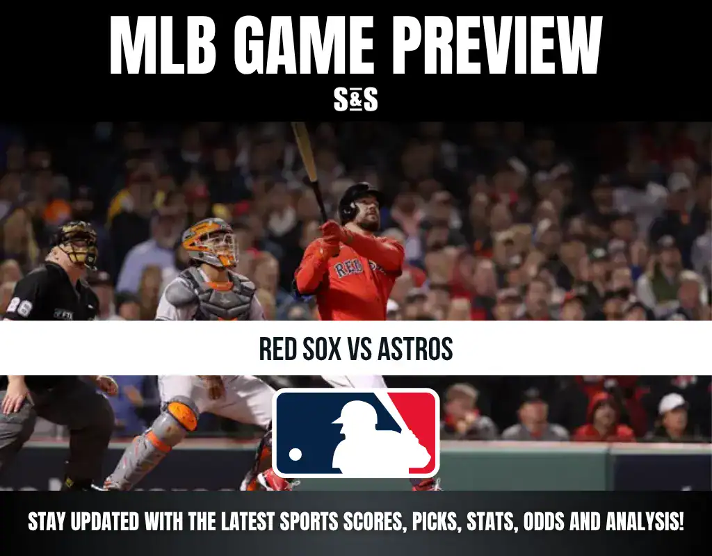 MLB Game Preview between the Red Sox and Astros, featuring a player hitting the ball with spectators in the background.