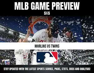 MLB game preview for Marlins vs Twins with players celebrating by pouring water on each other in a stadium at night.