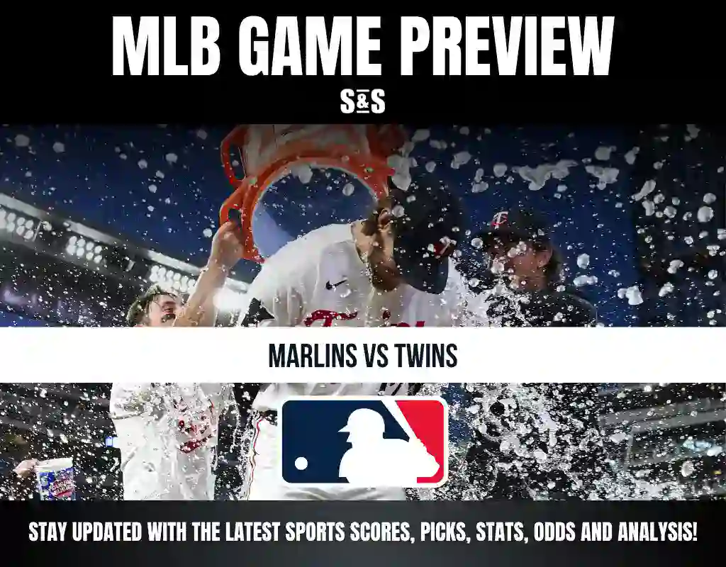 MLB game preview for Marlins vs Twins with players celebrating by pouring water on each other in a stadium at night.