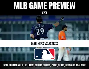 MLB game preview featuring Mariners vs Astros, with a player in a Mariners jersey celebrating on the field.