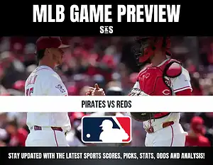 MLB Game Preview with the text "Pirates vs Reds" and an MLB logo, featuring two baseball players on a field.