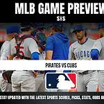 MLB Game Preview featuring Pirates vs Cubs, with a group of players discussing strategies on the field.