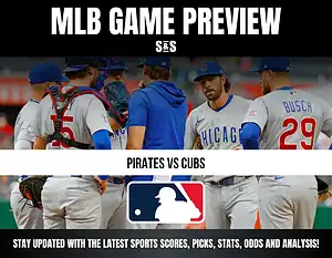 MLB Game Preview featuring Pirates vs Cubs, with a group of players discussing strategies on the field.
