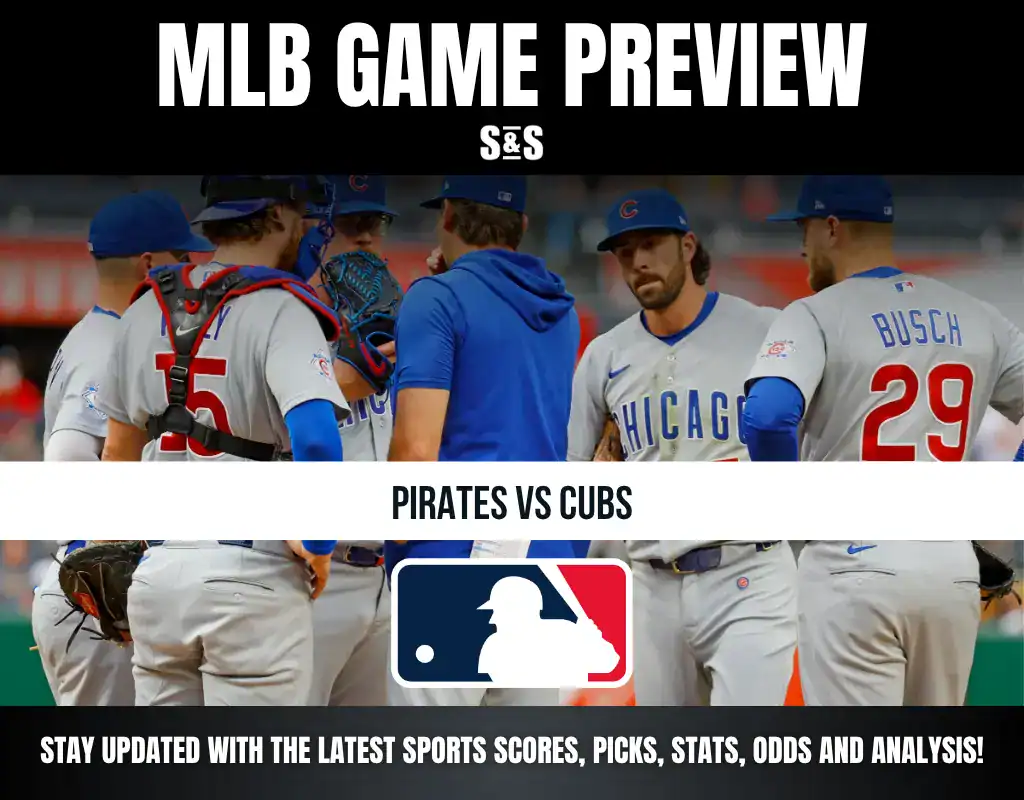 MLB Game Preview featuring Pirates vs Cubs, with a group of players discussing strategies on the field.