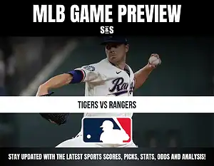 MLB Game Preview featuring a pitcher in action with text "Tigers vs Rangers" and the MLB logo at the bottom.