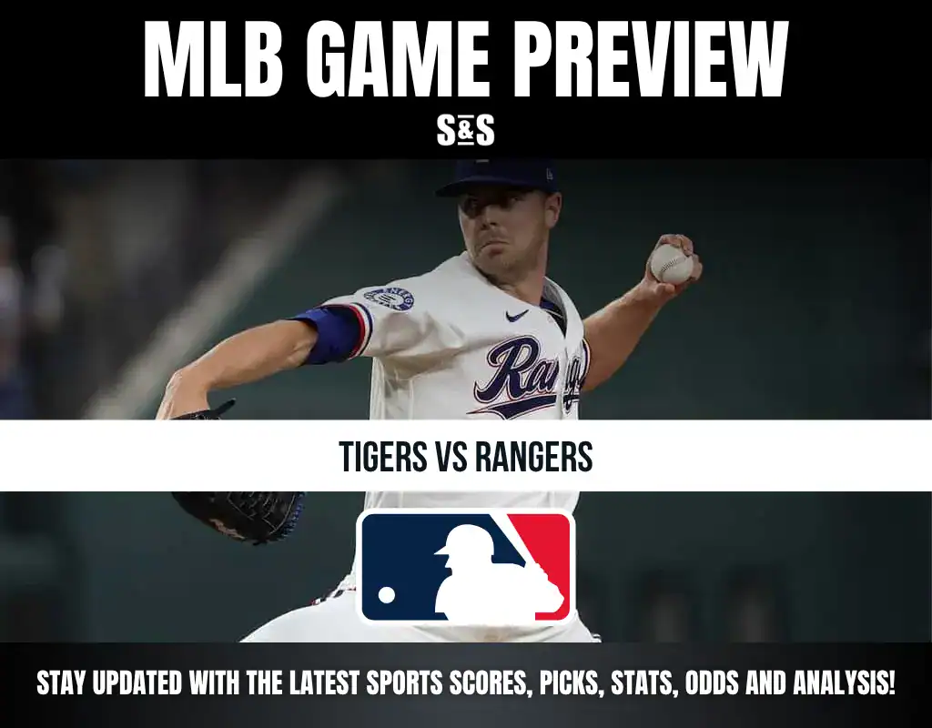 MLB Game Preview featuring a pitcher in action with text "Tigers vs Rangers" and the MLB logo at the bottom.