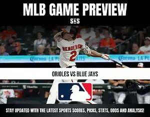 MLB game preview featuring Orioles vs. Blue Jays, with promotional text to stay updated on sports scores, picks, stats, odds, and analysis.