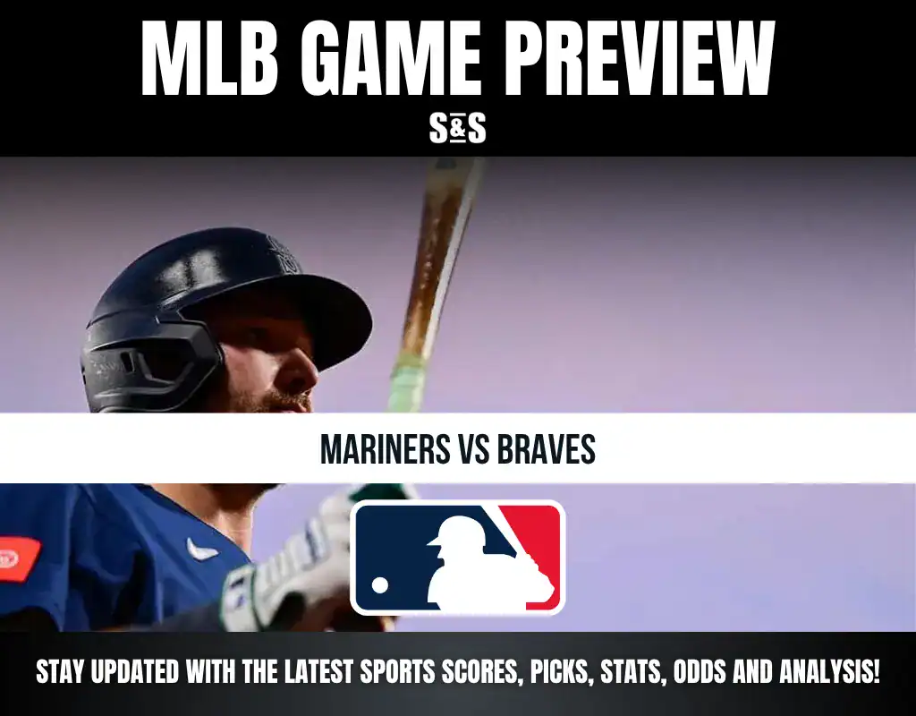 MLB Game Preview: Mariners vs Braves with a logo of Major League Baseball below.