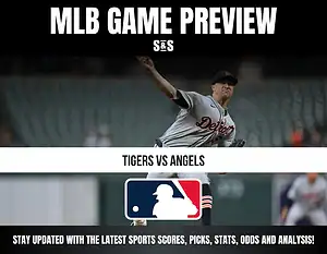 MLB Game Preview with the matchup between Tigers and Angels, featuring a pitcher in a Detroit Tigers uniform.