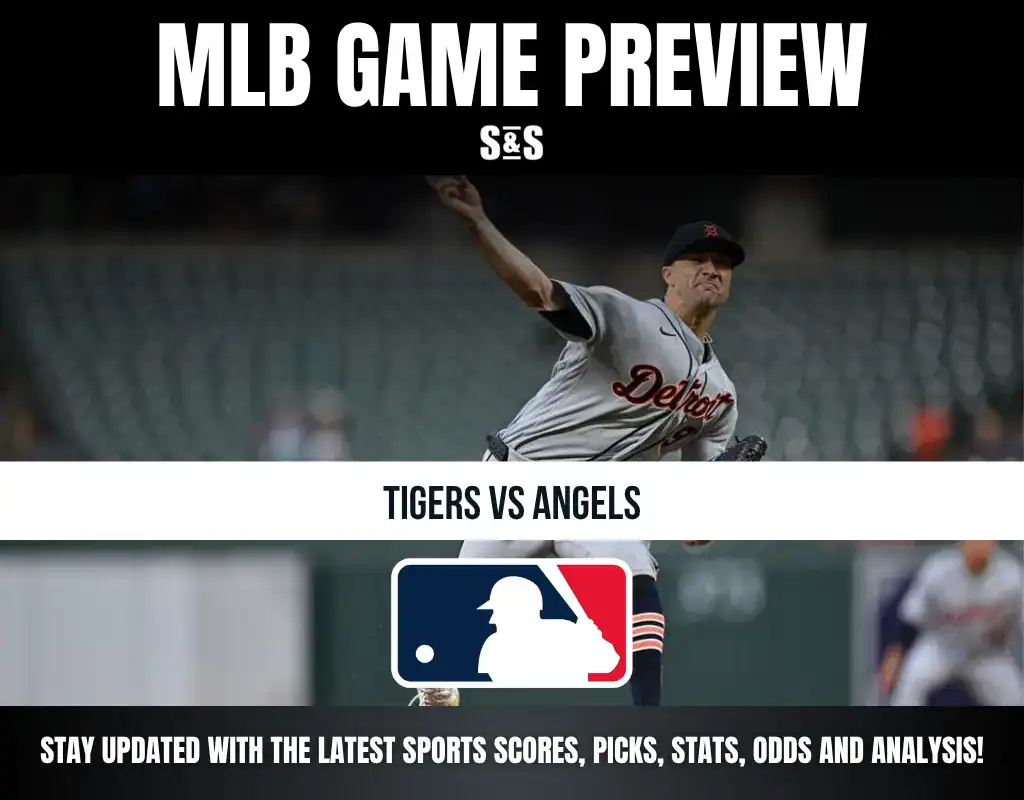 MLB Game Preview with the matchup between Tigers and Angels, featuring a pitcher in a Detroit Tigers uniform.