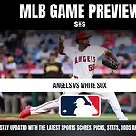 MLB Game Preview with a player from the Angels pitching against the White Sox, featuring logos for both teams and a prompt to stay updated with sports scores, picks, stats, odds, and analysis.