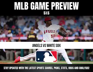 MLB Game Preview with a player from the Angels pitching against the White Sox, featuring logos for both teams and a prompt to stay updated with sports scores, picks, stats, odds, and analysis.