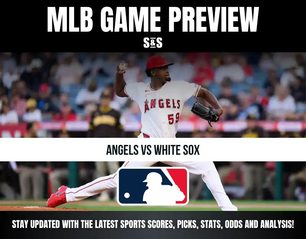 MLB Game Preview with a player from the Angels pitching against the White Sox, featuring logos for both teams and a prompt to stay updated with sports scores, picks, stats, odds, and analysis.