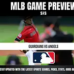 MLB GAME PREVIEW featuring GUARDIANS vs ANGELS with a graphic showcasing a baseball pitcher in action.